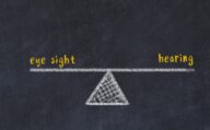 Chalk board sketch of scales. Concept of balance between eye sight and hearing