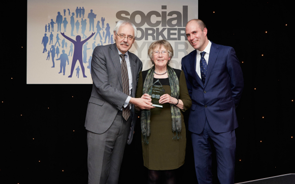 Pictured from left to right: Richard Kemp, June Thoburn and James Rook. June is receiving an award at the 2016 Social Worker of the Year Awards
