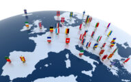 Map of Europe with countries marked by flags