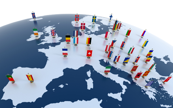 Map of Europe with countries marked by flags