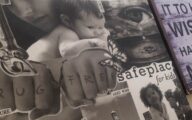 Wall collage made by mothers at Jasmine Mother's Recovery Centre, including images of mothers and children, the words 'drug free', 'hard work' and 'safe place for kids;