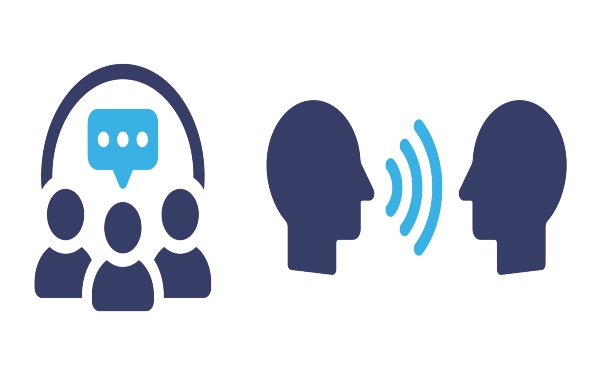 Two icons, one showing a group of people talking and the other showing two people talking