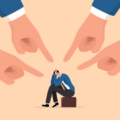Multiple fingers pointing at a man hunched over with his hands on his head.