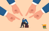 Multiple fingers pointing at a man hunched over with his hands on his head.