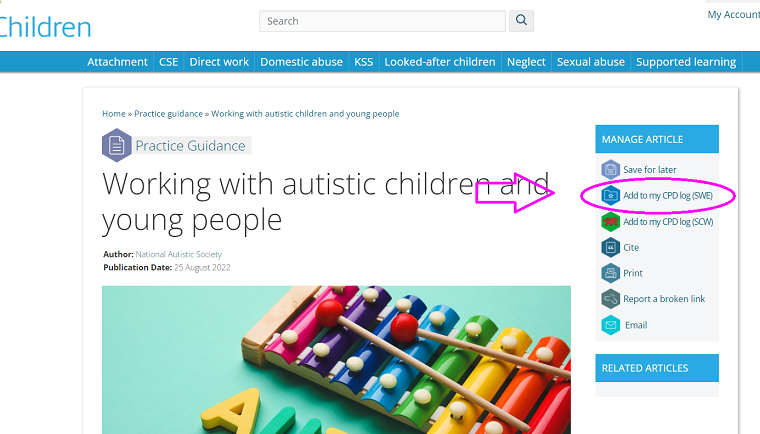 screenshot of the CC Inform manage article box, 'Add to my CPD (SWE)' highlighted