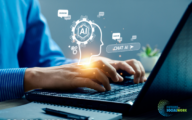 A person typing on their laptop with various holographic symbols depicting artificial intelligence