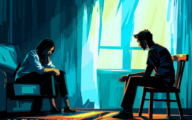 A social worker sits on a couch across a teenage boy, both looking downcast.